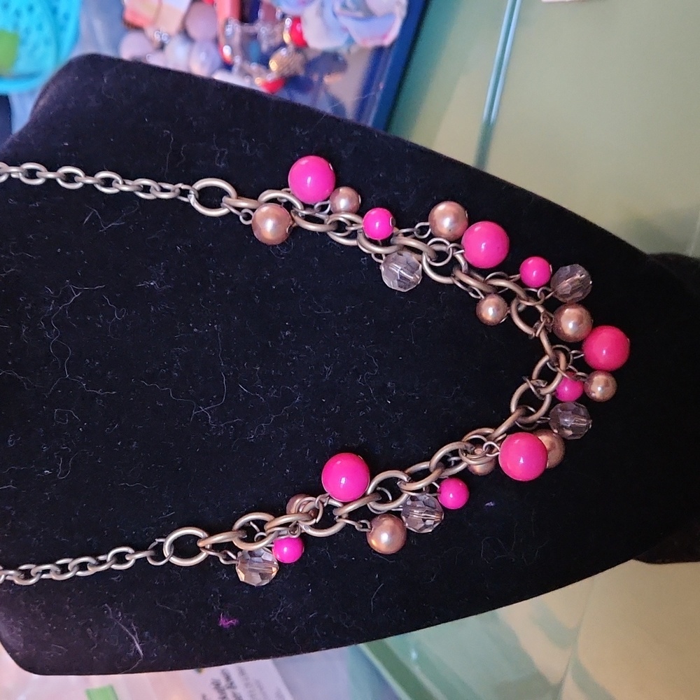 Pink & Gold Beaded Necklace, Bracelet & Earring Set